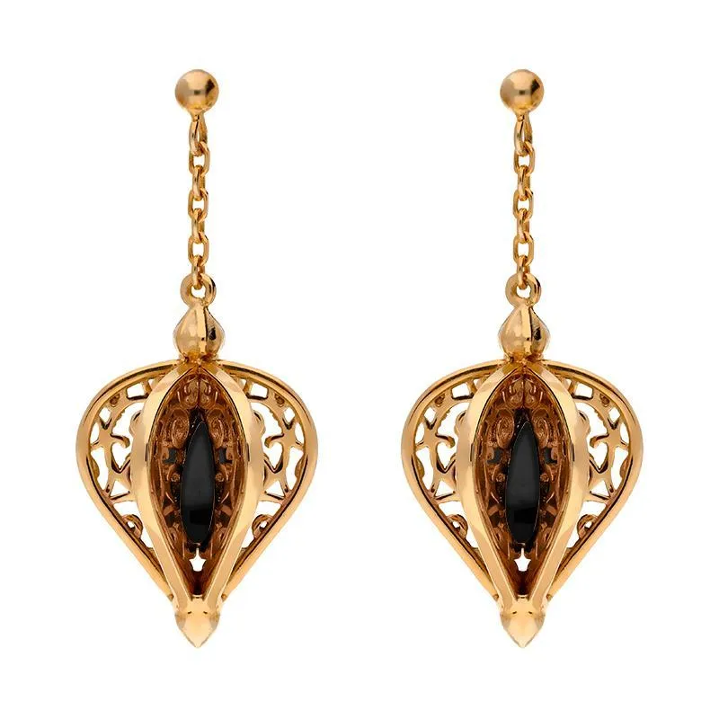 9ct Rose Gold Whitby Jet Flore Filigree Drop Earrings
