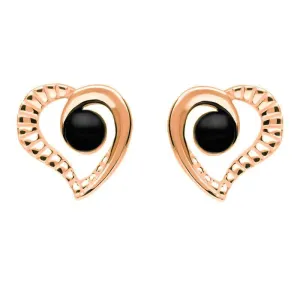 9ct Rose Gold Whitby Jet Half Ridged Heart Stud Earrings