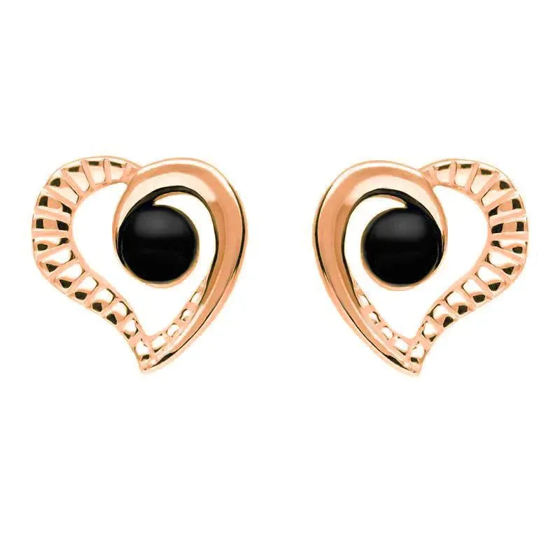 9ct Rose Gold Whitby Jet Half Ridged Heart Stud Earrings