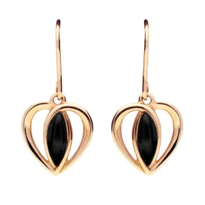 9ct Rose Gold Whitby Jet Heart Drop Earrings