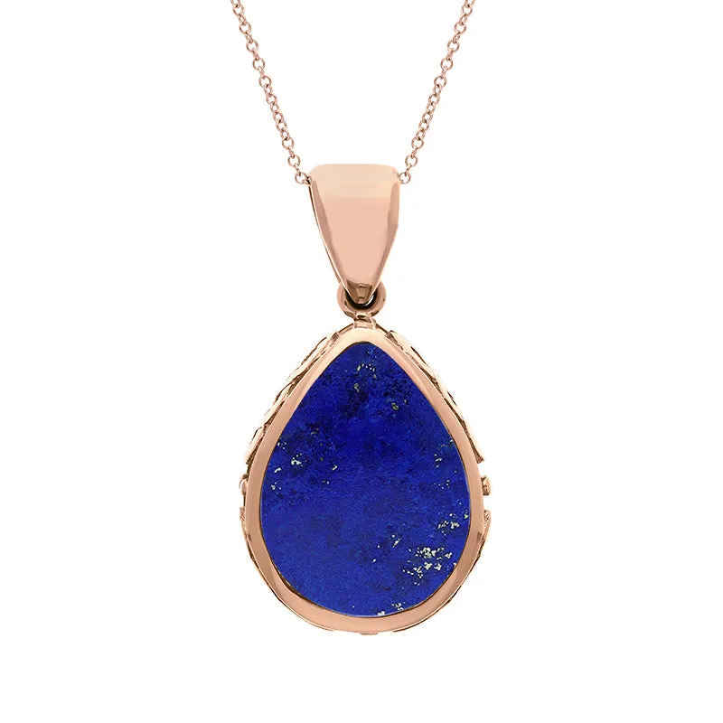 9ct Rose Gold Whitby Jet Lapis Lazuli Double Sided Celtic Pear Cut Fob Necklace