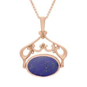 9ct Rose Gold Whitby Jet Lapis Lazuli Double Sided Oval Swivel Fob Necklace