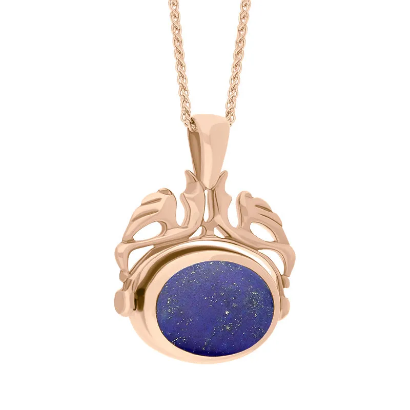 9ct Rose Gold Whitby Jet Lapis Lazuli Double Sided Oval Swivel Fob Necklace