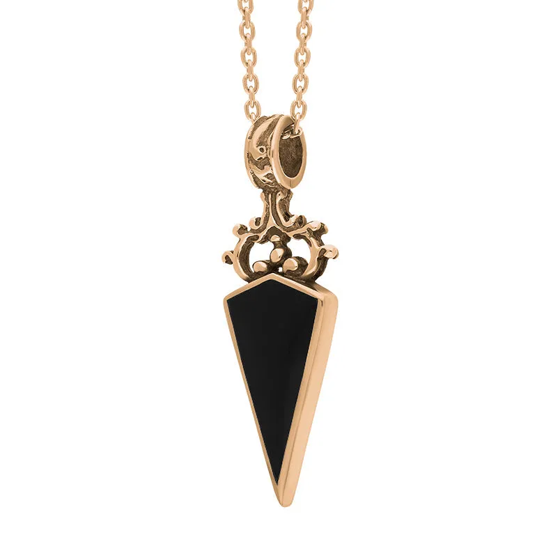 9ct Rose Gold Whitby Jet Lapis Lazuli Double Sided Scroll Dagger Fob Necklace