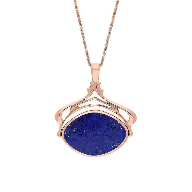 9ct Rose Gold Whitby Jet Lapis Lazuli Marquise Swivel Fob Necklace