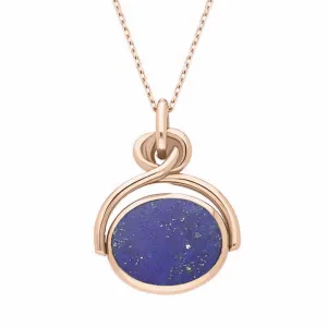 9ct Rose Gold Whitby Jet Lapis Lazuli Oval Swivel Fob Necklace