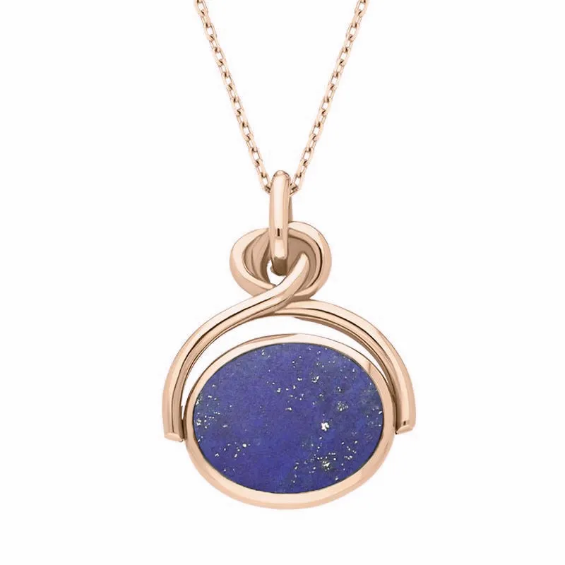9ct Rose Gold Whitby Jet Lapis Lazuli Oval Swivel Fob Necklace