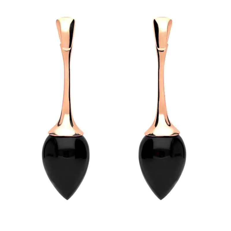 9ct Rose Gold Whitby Jet Long Flute Pear Drop Earrings