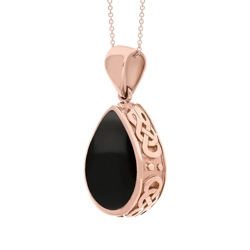 9ct Rose Gold Whitby Jet Malachite Double Sided Celtic Edge Pear Cut Fob Necklace