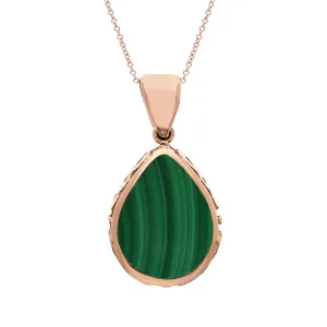 9ct Rose Gold Whitby Jet Malachite Double Sided Celtic Edge Pear Cut Fob Necklace