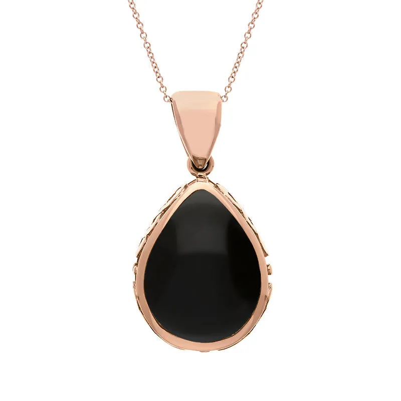 9ct Rose Gold Whitby Jet Malachite Double Sided Celtic Edge Pear Cut Fob Necklace
