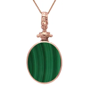 9ct Rose Gold Whitby Jet Malachite Double Sided Oval Fob Necklace