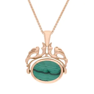 9ct Rose Gold Whitby Jet Malachite Double Sided Oval Swivel Fob Necklace