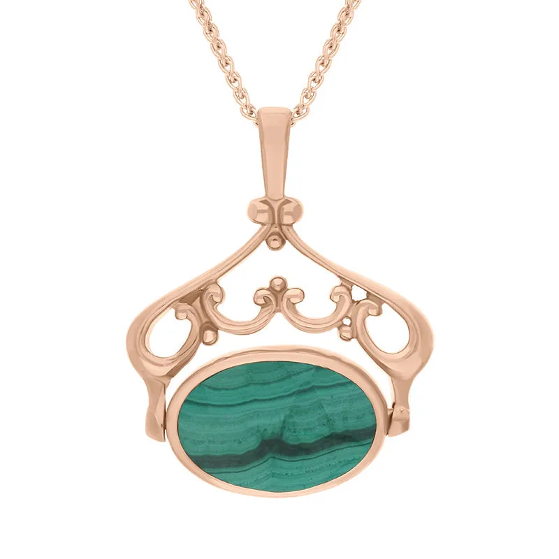 9ct Rose Gold Whitby Jet Malachite Double Sided Oval Swivel Fob Necklace