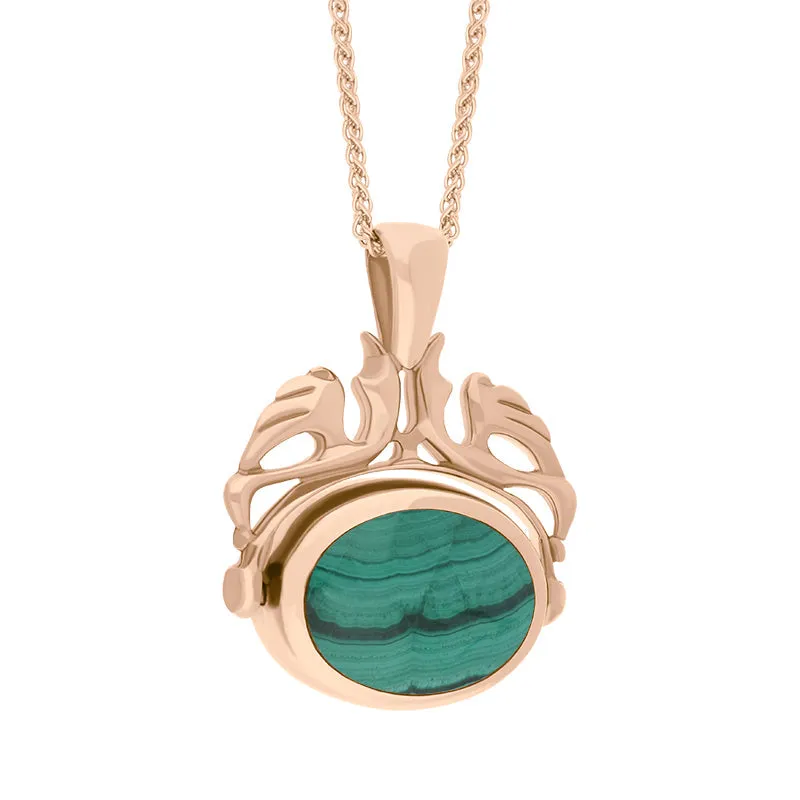 9ct Rose Gold Whitby Jet Malachite Double Sided Oval Swivel Fob Necklace