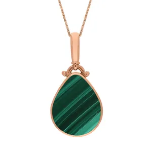 9ct Rose Gold Whitby Jet Malachite Double Sided Pear Fob Necklace