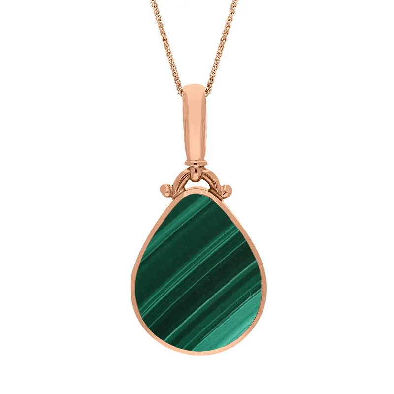 9ct Rose Gold Whitby Jet Malachite Double Sided Pear Fob Necklace