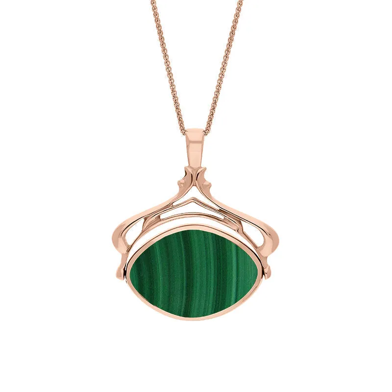 9ct Rose Gold Whitby Jet Malachite Marquise Swivel Fob Necklace
