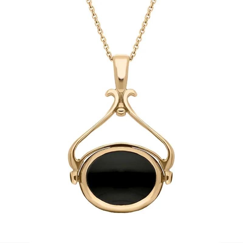 9ct Rose Gold Whitby Jet Malachite Oval Space Swivel Fob Necklace
