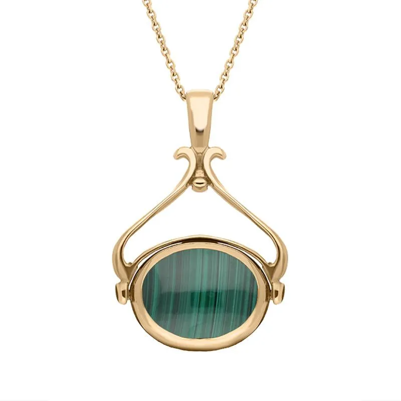 9ct Rose Gold Whitby Jet Malachite Oval Space Swivel Fob Necklace