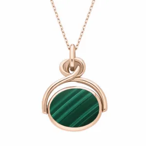 9ct Rose Gold Whitby Jet Malachite Oval Swivel Fob Necklace