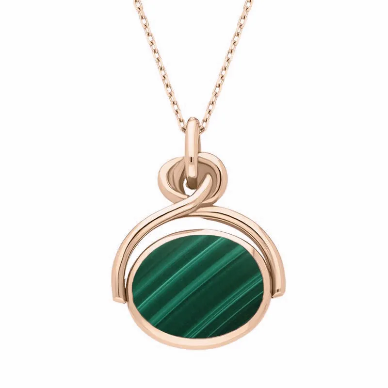 9ct Rose Gold Whitby Jet Malachite Oval Swivel Fob Necklace