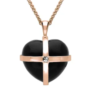 9ct Rose Gold Whitby Jet Marcasite Medium Cross Heart Necklace