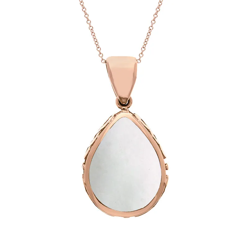 9ct Rose Gold Whitby Jet Mother Of Pearl Double Sided Celtic Pear Cut Fob Necklace