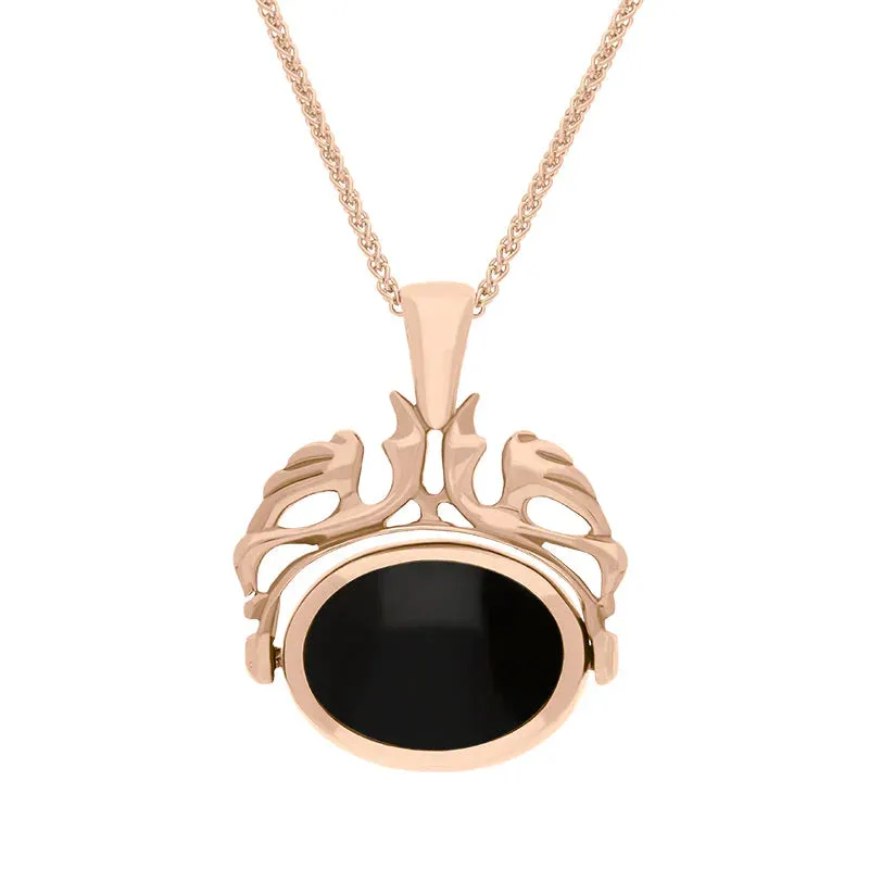 9ct Rose Gold Whitby Jet Mother Of Pearl Double Sided Oval Swivel Fob Necklace