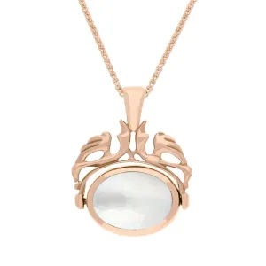 9ct Rose Gold Whitby Jet Mother Of Pearl Double Sided Oval Swivel Fob Necklace
