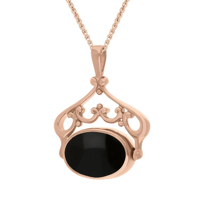 9ct Rose Gold Whitby Jet Mother Of Pearl Double Sided Oval Swivel Fob Necklace