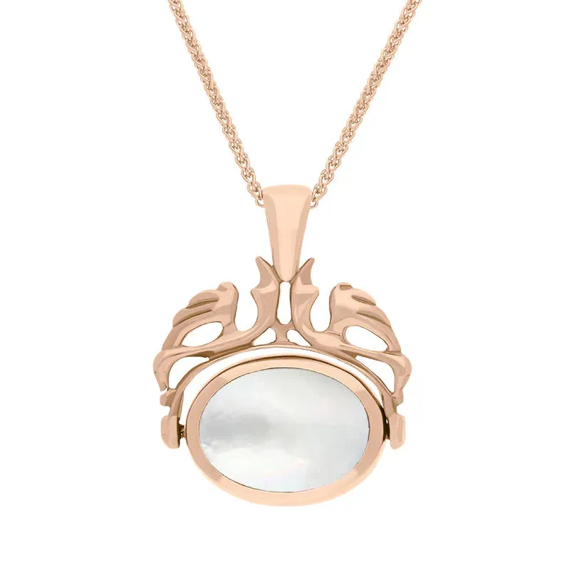 9ct Rose Gold Whitby Jet Mother Of Pearl Double Sided Oval Swivel Fob Necklace