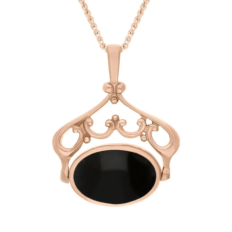 9ct Rose Gold Whitby Jet Mother Of Pearl Double Sided Oval Swivel Fob Necklace