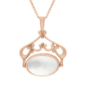 9ct Rose Gold Whitby Jet Mother Of Pearl Double Sided Oval Swivel Fob Necklace