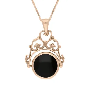 9ct Rose Gold Whitby Jet Mother Of Pearl Double Sided Round Swivel Fob Necklace