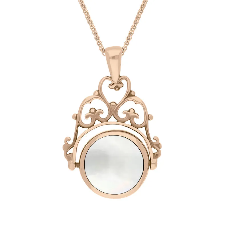 9ct Rose Gold Whitby Jet Mother Of Pearl Double Sided Round Swivel Fob Necklace