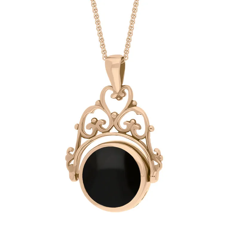 9ct Rose Gold Whitby Jet Mother Of Pearl Double Sided Round Swivel Fob Necklace