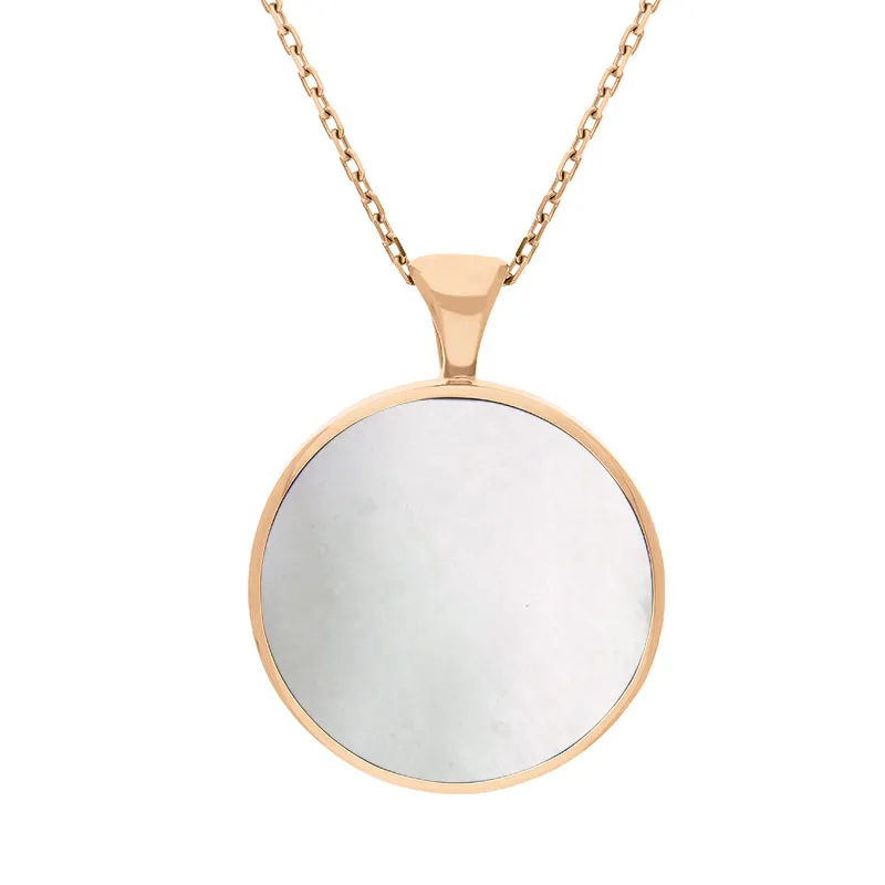 9ct Rose Gold Whitby Jet Mother Of Pearl Large Double Sided Round Fob Necklace