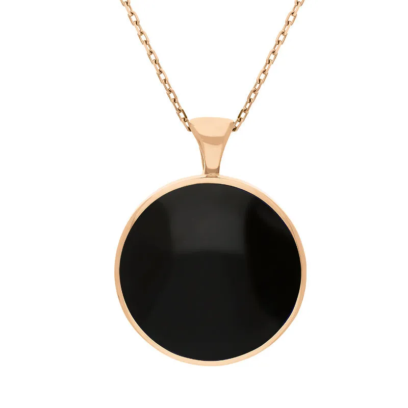 9ct Rose Gold Whitby Jet Mother Of Pearl Large Double Sided Round Fob Necklace