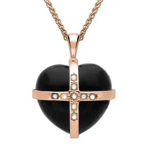 9ct Rose Gold Whitby Jet Pearl Nine Stone Medium Cross Heart Necklace