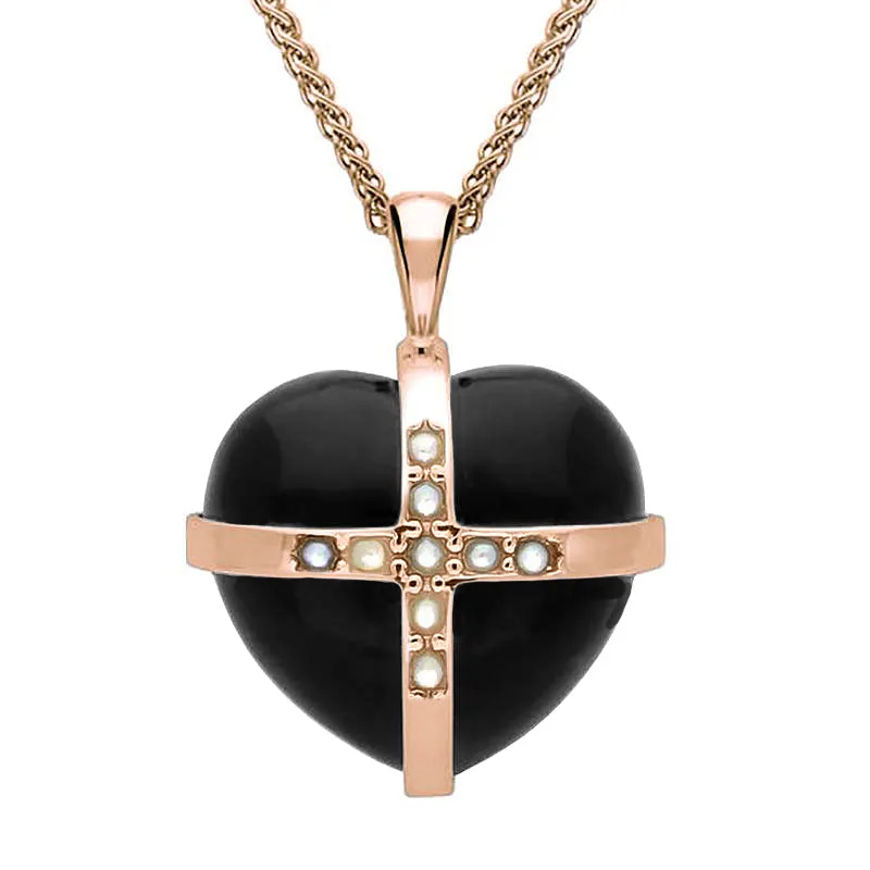 9ct Rose Gold Whitby Jet Pearl Nine Stone Medium Cross Heart Necklace