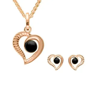 9ct Rose Gold Whitby Jet Ridged Heart Two Piece Set