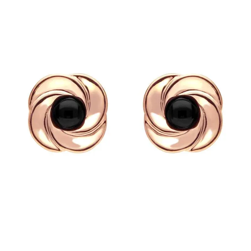 9ct Rose Gold Whitby Jet Round Swirl Stud Earrings