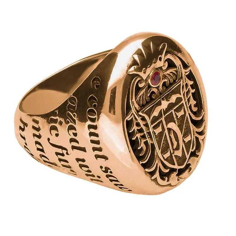 9ct Rose Gold Whitby Jet Ruby Dracula Crest Replica Signet Ring