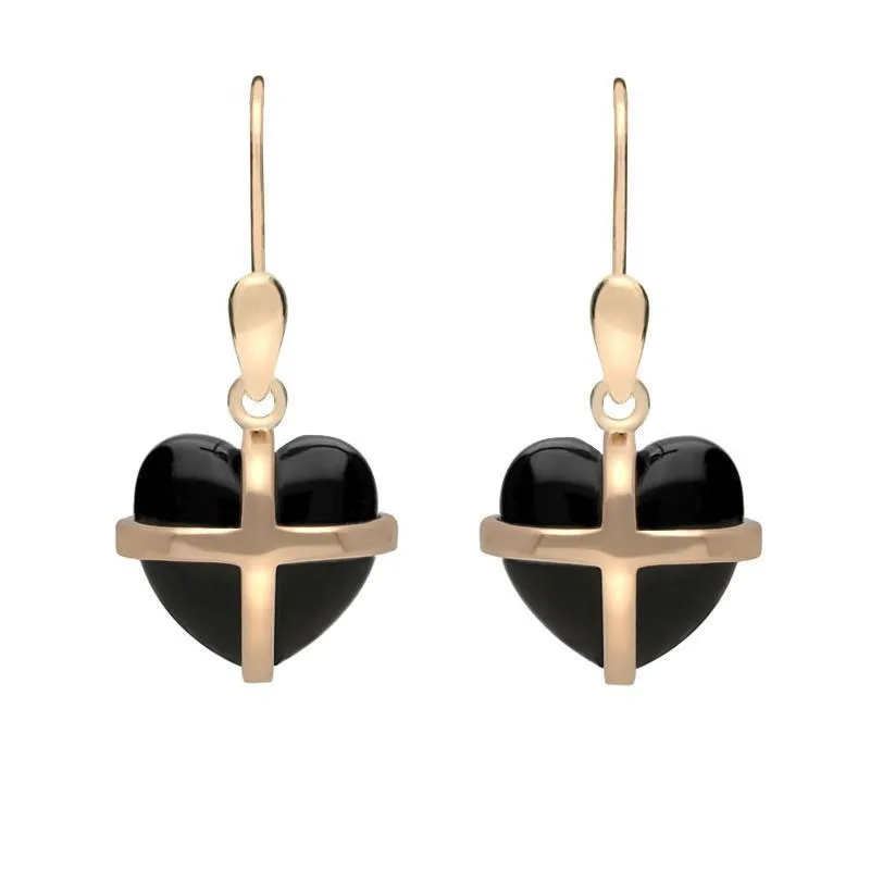 9ct Rose Gold Whitby Jet Small Cross Heart Drop Earrings