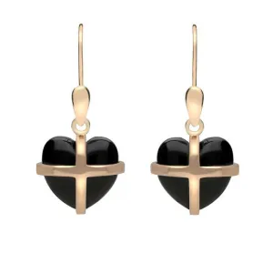 9ct Rose Gold Whitby Jet Small Cross Heart Drop Earrings