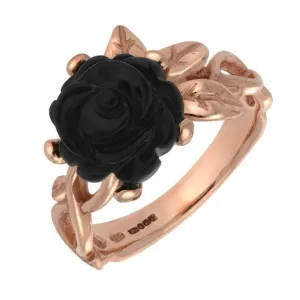 9ct Rose Gold Whitby Jet Tuberose 10mm Rose Leaf Twist Ring