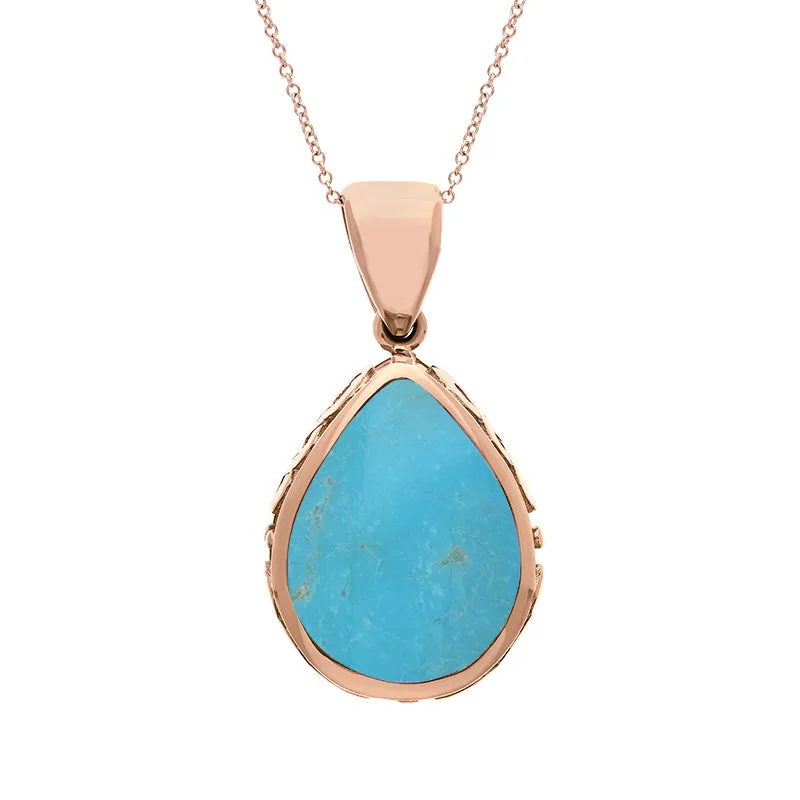 9ct Rose Gold Whitby Jet Turquoise Double Sided Celtic Edge Pear Cut Fob Necklace
