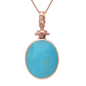 9ct Rose Gold Whitby Jet Turquoise Double Sided Oval Fob Necklace