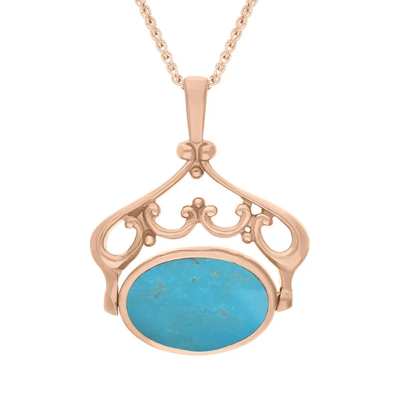 9ct Rose Gold Whitby Jet Turquoise Double Sided Oval Swivel Fob Necklace